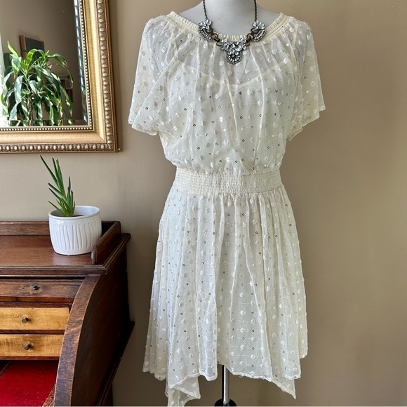 Anthropologie Leifnotes Polka Dot Dress White Ivory Sequin Flutter Sleeve 4 NWT - Picture 4 of 14